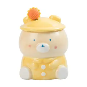 New Sunflower Bear Ceramic Cup for Young Students with Lid and Spoon Mug