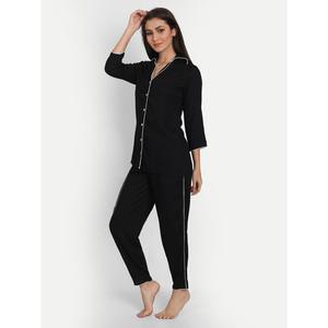 Women's Classic Black Rayon Solid Night <b>Suit</b> with Elastic Waist Soft Woven Fabric Customizable Logo ODM Supp - Product Image 3
