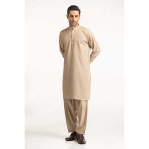 Shalwar Kameez Beige para Hombre, Estilo Étnico Indio Básico para Fiestas, con Bordado, Disponible en Algodón y Seda - Product Image 1