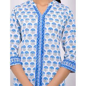Cotton <b>Block</b> <b>Printed</b> White Blue Pakistani Dress for Girls Ethnic Indian Kurti with Salwar Kameez Daily & Party Wear - Product Image 2