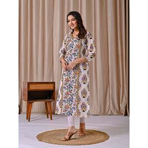 Kurti Blanco Multicolor con Estampado Jaal, Corte Recto, Estilo Étnico Indio, Material de Algodón y Seda, Bordado, para Fiestas, Estilo Bollywood - Product Image 6