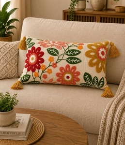 Custom Handmade Cotton Embroidered Floral Lumbar <b>Cushion</b> with Insert Botanical Throw Pillow with <b>Tassels</b> for Home Decor - Product Image 5