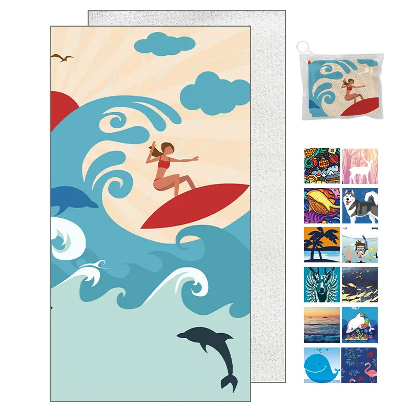 Toalha de microfibra esportiva personalizada para férias ao ar livre, toalha de praia com estampa personalizada, toalha de camurça de microfibra