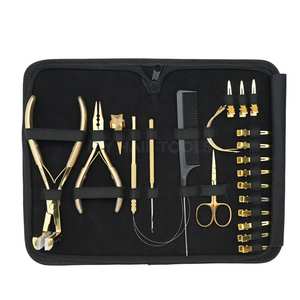 Gold Salon Hair Extension Tools Kit with Tape-In Pressing Plier Pulling Loop Installing Hook Bride Parting Ring Comb Scissor - Product Image 1