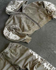 ชุดวอร์ม2ชิ้นสีดำสำหรับผู้ชายและผู้หญิงชุดวอร์มผ้าฝ้ายคอตตอนออกแบบโลโก้ได้ตามต้องการสำหรับใส่ได้ทั้งชายและหญิง - Product Image 5