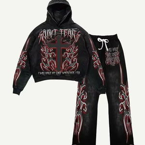 Ensemble de survêtement deux pièces personnalisé pour homme, en coton épais 100 %, avec sweat à capuche et pantalon de jogging à ourlet brut - Product Image 1