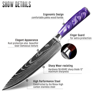 Venta al por mayor personalizado OEM ODM cubertería fábrica Damasco cuchillo de cocina con mango de resina púrpura Damasco cuchillo de acero cuchillos de cocina - Product Image 3
