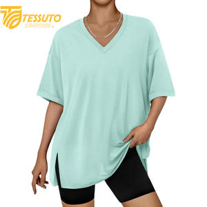 Camiseta básica de gran tamaño con logotipo estampado personalizado de peso pesado, camiseta de talla grande de alta calidad a la moda para mujer, Camiseta 100% de algodón con cuello en V - Product Image 4