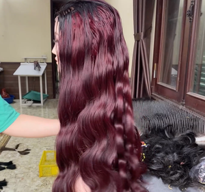 วิกผมมนุษย์แบบไม่ใช้กาวมัดผมลอนพร้อมวิกผมด้านหน้าประดับลูกไม้เบอร์กันดีผมดิบจากเวียดนาม - Product Image 1