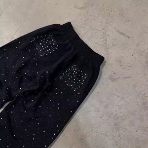 Pantalones de chándal de algodón de invierno de lujo personalizados con lavado ácido, estilo urbano, para hombre, holgados, de pierna ancha, con pedrería. - Product Image 3
