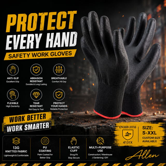 13G Nylon Liner PU Palm Coated Light Mechanical Working Gloves Wear Resistant Industrial Safety Protective Work Gloves