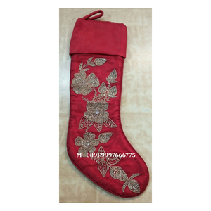 Handmade Zari Embroidery Christmas Tree Hanging <b>Ornament</b> Stocking Shape <b>Flower</b> Design With Red Color Use For Home Decor And Gift - Product Image 1