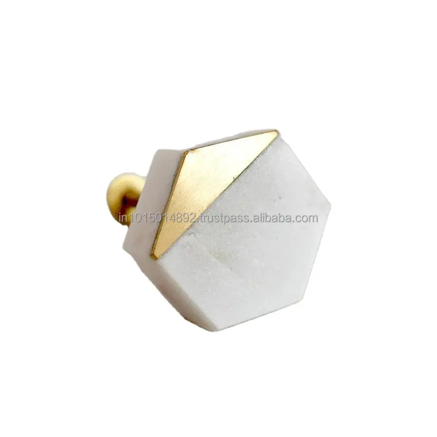 Modern Handcrafted Hexagon White Marble Stone & Brass Door/ Cabinet/Door Knobs 1Pc by MUGHALCRAFTS