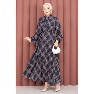 Navy Blue <b>Plaid</b> Pattern Hijab Modest <b>Dress</b> with Gathered Waist - Product Image 3