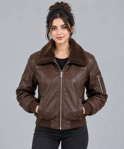 Brown Winter PU Leather Woven Bomber <b>Jacket</b> <b>Fur</b> Collar Zipper Sherpa <b>Lined</b> for Women Streetwear - Product Image 1