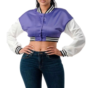 Venta caliente mujeres recortadas satén Varsity chaqueta prendas de vestir exteriores moda Crop Varsity chaqueta de béisbol cómodo secado rápido CroP Top - Product Image 6
