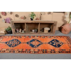 Tapis en laine noir orange bohème fait à la main 2,9 X 10,2ft Vintage turc grande surface Patchwork Rectangle couloir tapis de chambre en latex - Product Image 4