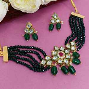 Indian Choker Jewellery Set Faux Pearl Multi Layered Beaded Crystal Kundan Choker Necklace Dangle <b>Earrings</b> Set For Women, Green - Product Image 2