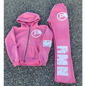 Conjunto de sudadera con capucha y capucha de diamantes de imitación lavados bordados personalizados para hombre OEM chándal apilado acampanado con diamantes de imitación para invierno - Product Image 3