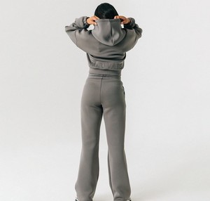 Oem Custom Logo Casual Jogging Women Suit Blank Oversized Cropped Hoodie and Wide Leg Flare Jogger Sweat Pant 2 Piece Women <b>Set</b> - Product Image 2