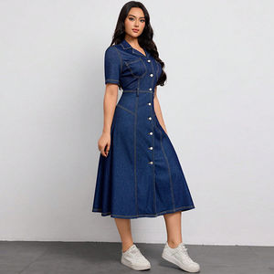Robe midi en jean à manches courtes pour femmes, élégante, boutonnée, chemise en jean, coupe ajustée, col rabattu, style A - Product Image 5