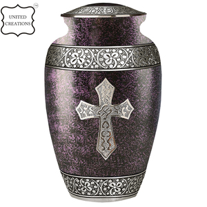 โกศใส่ศพทำจากทองเหลืองสำหรับขี้เถ้าของมนุษย์สีน้ำเงินเข้มฝังดอกไม้และงานศพ - Product Image 3