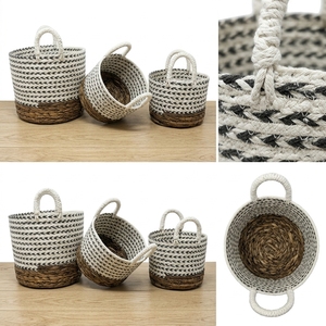 Natural Banana Bark Recycled <b>Plastic</b> Storage <b>Basket</b> Set Black White Arrow Natural Bottom Arch Handle Pot Setup Decor Pure Art - Product Image 2