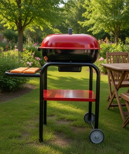 Dorello Red Charcoal <b>BBQ</b> Grill with Lid, Side <b>Table</b>, and Wheels, Outdoor Patio Garden Barbecue Grill - Product Image 2
