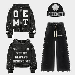 Custom Vintage Streetwear Boxy 2 Piece Set Distressed Acid Wash <b>Oversized</b> Zip Up <b>Hoodie</b> & Rhinestone Sweatpants Unisex - Product Image 2