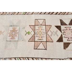 3.37x10.1 ft Vintage <b>Wool</b> Turkish Runner Rug <b>Brown</b> White Floral Patchwork Design with Latex Backing - Product Image 5