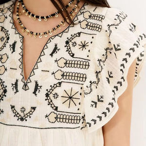 Robe tunique en coton écologique pour femmes Style Boho brodé à volants sans manches motif ethnique solide taille naturelle douce - Product Image 1