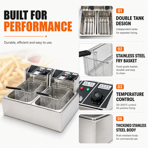 Friteuse électrique commerciale à double cuve et double panier 6L+6L à chauffage rapide 2500W+2500W pour cuisine de restaurant très fréquentée - Product Image 2