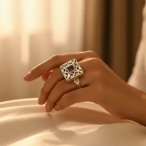 "Platinum-Cut Garnet Square Stone <b>Ring</b> for <b>Men</b>-925 <b>Silver</b> Fine Jewelry" - Product Image 3