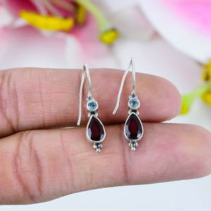 Nouvelle arrivée 925 argent Sterling femmes ethniques suspendus boucles d'oreilles goutte grenat naturel poire bleu topaze beau cadeau Style Hippie - Product Image 2