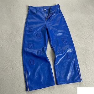 Buy New Blue High Waist Wide Leg <b>Leather</b> Pants Embossed Letter Logo Zipper Fly Street Style <b>Men's</b> <b>Trousers</b> - Product Image 1