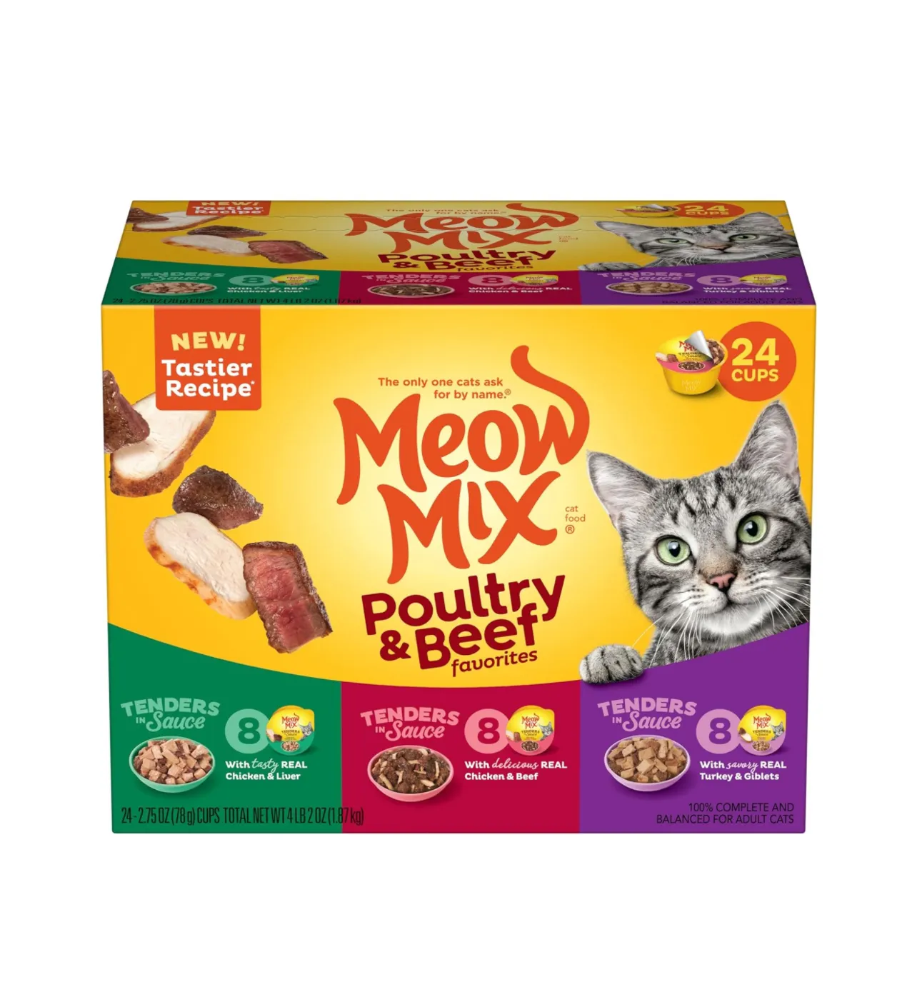 Tinggi sesuai permintaan Meow Mix Tender favorit makanan kucing basah, Unggas & jenis daging sapi, 2.75 ons (Pak 24) (kemasan mungkin bervariasi)