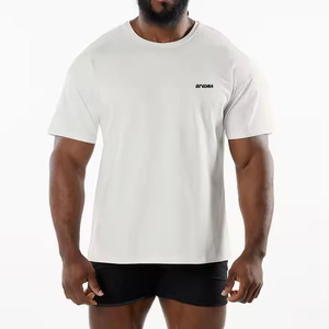 T-shirt de sport à col rond et à séchage rapide pour hommes, haut de sport de fitness respirant avec motif solide tissé à partir de polyester/coton, nouvel arrivage - Product Image 2