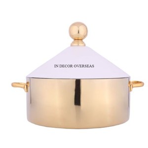 Casserole de forme ronde en marbre de couleur blanche de la meilleure qualité avec couvercle supérieur et poignées en métal plaqué or Accessoires d'ustensiles de cuisine - Product Image 3