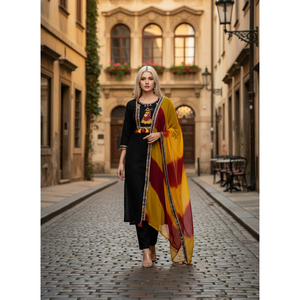 Ensemble Kurta noir brodé avec dupatta ombré jaune et bordeaux, manches trois quarts, tissu en mousseline - Product Image 1