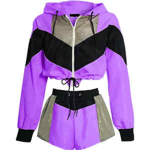 Ensemble deux pièces pour femme : short et veste coupe-vent avec sweat à capuche à manches longues, coupe-vent, grande taille, 100 % nylon, tenue de sport 2026 - Product Image 2