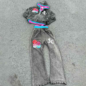 ชุดเซ็ตเสื้อฮู้ดดี้และกางเกงจ็อกเกอร์ผ้าฝ้าย 100% คุณภาพสูง แบบซิปสามชั้น สไตล์สตรีทแวร์สำหรับฤดูหนาว ผลิตตามแบบ OEM ดีไซน์ทำเก่า - Product Image 6