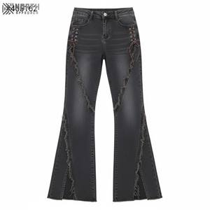 Pantalones vaqueros informales de mezclilla transpirables de alta calidad para mujer 2025, pantalones vaqueros de talla grande con logotipo de Color sólido en la cintura, venta al por mayor - Product Image 1