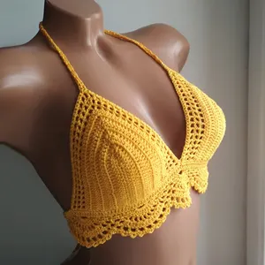 Hot Sale Yellow crochet bikini top, Cheeky Knitted Boho Handmade Swimsuit Swimwear Vietnam Supplier Cheap Wholesale