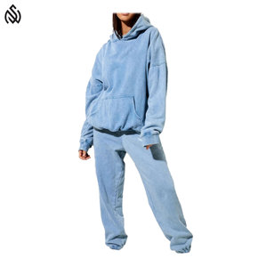 Haute qualité femmes 100% coton Tech polaire survêtement tenue quotidienne couleur unie haute rue numérique surdimensionné deux pièces costume de sport - Product Image 1