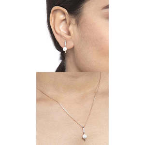 NOVAMART Fine 925 Sterling <b>Silver</b> Pearl Rose Pendant <b>Earring</b> <b>Chain</b> Set Gold Rhodium Plated for Swiss Zirconia Fine Jewelry Gift - Product Image 5