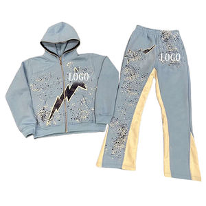 High Quality Vintage Heavyweight Sweatsuit Sun Fade Printing Sweatpants 100% Cotton French Terry Distressed Hoodie <b>Men</b> Tracksuit - Product Image 1