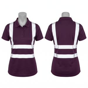 Camiseta Polo de Trabajo para Mujer, 180 GSM, Tela de Poliéster Birdseye, Color Morado con Panel Reflectante Blanco, Polo de Seguridad con Bordado Personalizado - Product Image 1