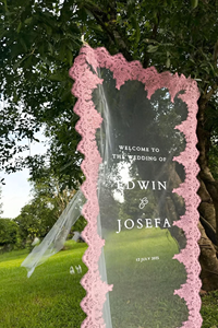 Bannière d'entrée personnalisée en tulle transparent style bohème romantique, panneau de <span class=keywords><strong>bienvenue</strong></span> de <span class=keywords><strong>mariage</strong></span> en tissu transparent avec bordure en dentelle - Product Image 3