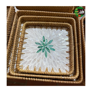 Plateau de service en mosaïque de rotin artisanal du Vietnam, mélange de nacre pour la décoration intérieure, vente en gros, plateau de service en rotin et nacre - Product Image 1