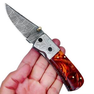 Couteau utilitaire à lame pliante en acier de Damas, manche en résine, pointe tombante, étui de transport vertical, poche EDC, chasse, camping, support ODM - Product Image 3